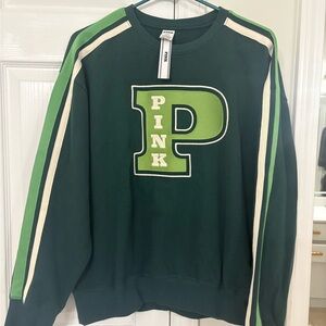 PINK Victoria's Secret Dark Green Crewneck with Lime and Cream Stripes